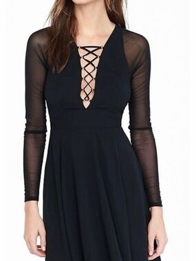 Express Black Lace-Up V-Neck Mesh Sleeve Dress